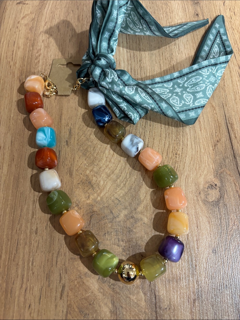 Multicolor  Bead Statement Necklace with Green Scarf Accent